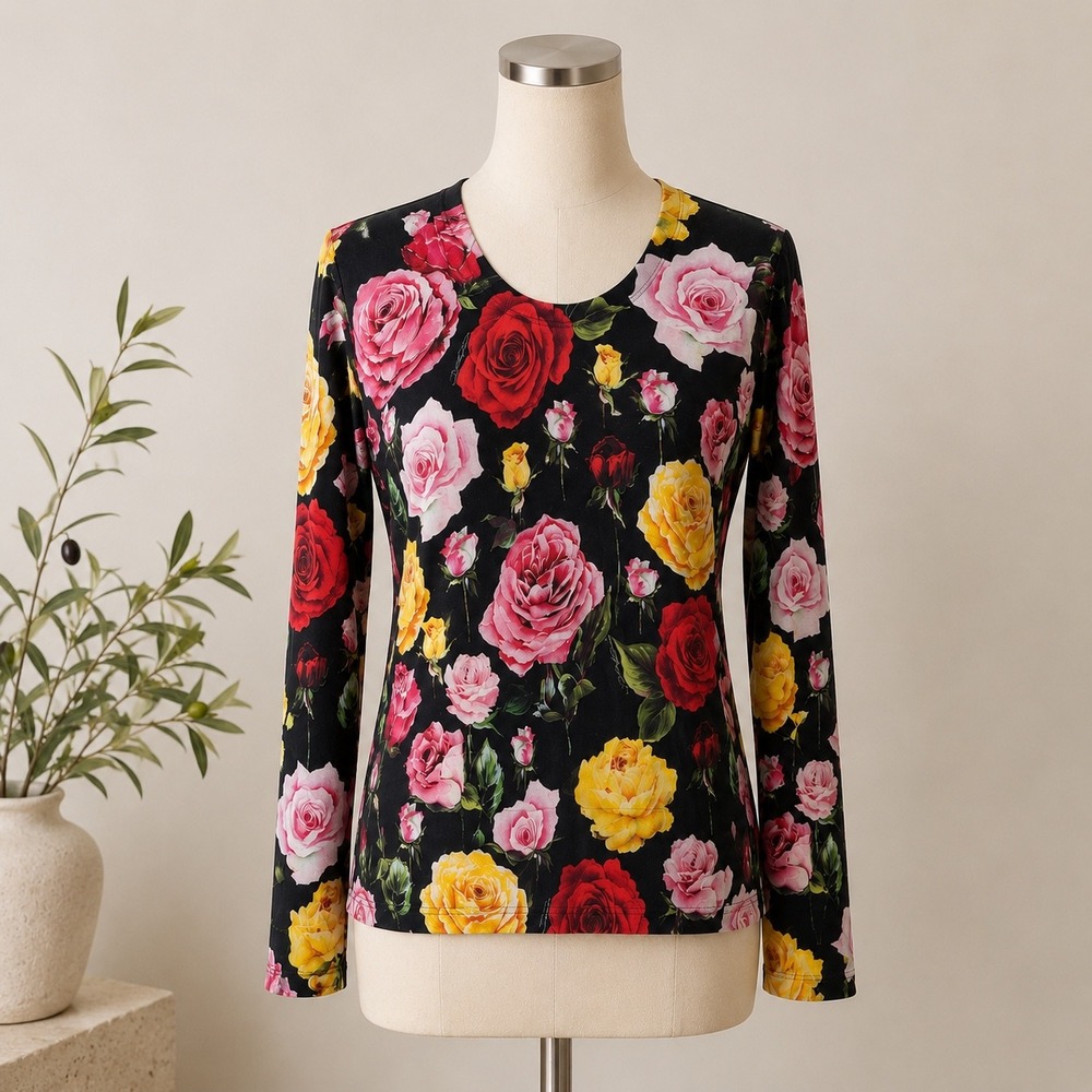 Dolce & Gabbana Rose Floral Silk Knit Top Womens 46 Black Romantic Long Sleeve